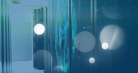 Glowing server racks projecting digital globe in data center aisle, with LED lights, light flares