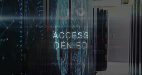 ACCESS DENIED text overlay pulsing between vented racks in data center aisle, with LED lights