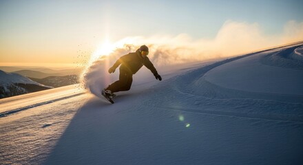 Man snowboarding at sunset on snowy mountain