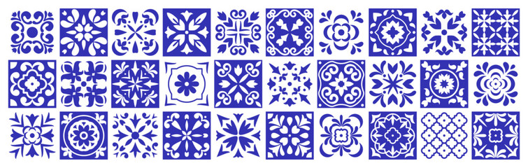 Geometric Azulejos tiles. Mediterranean Portuguese, Italian or Spanish retro old blue mosaic. Floral arabesque. Kitchen mosaic, decorations pattern. Vector isolated on white background