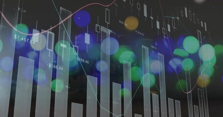 Financial dashboard displaying vertical bars, candlestick icons, lines, numbers, bokeh lights