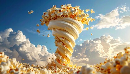 Photorealistic, hyper detailed, a funny and strange spiral tornado made of popcorn