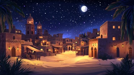 Night ancient arab city in desert cartoon landscape. Dark old arabian building in Egypt town.