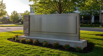 Mockup a modern stone monument sign with a blank face stands on a manicured lawn in front of an office building for commercial usage