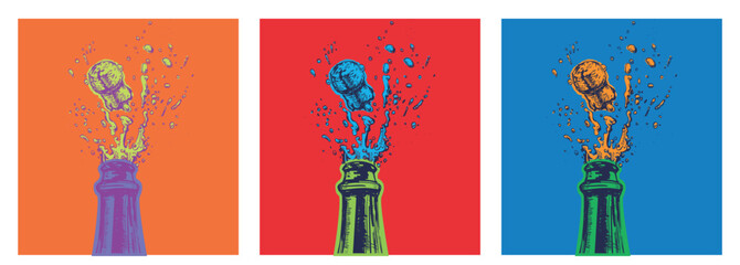 Hand drawn Illustration of Champagne explosion. Vector Illustration. Pop Art. Modern art