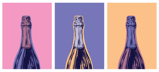 Champagne Bottle Hand Drawing Vector Illustration Alcoholic Drink. Pop Art Style. Party