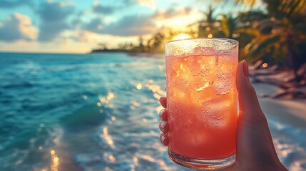 Tropical Sunset Cocktail at Beachfront Oasis with Palm Trees and Horizon View During Summer Vacation Day Time With Clear Water and Soft Waves On Coastline. Perfect For Relaxation and Refreshing