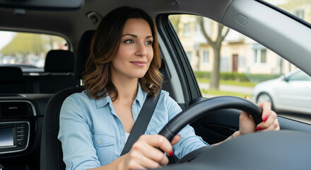 Woman with a subtle smile driving a car, looking out the window