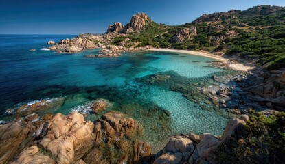 Coastal landscape, turquoise bay, rocky shoreline, sunny day
