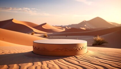 Empty circular podium in golden desert landscape at sunrise/sunset. Vast sand dunes, warm sunlight, distant mountains. Ideal for product display.