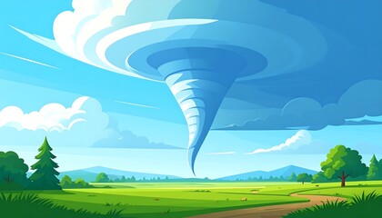 Cartoon tornado over a meadow