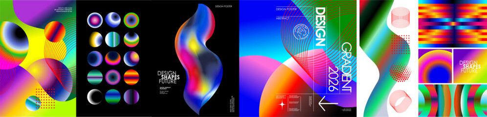 Abstract gradient background with fluid shapes, modern vector design, pattern, spheres, future, space, collage, holographic waves, trendy digital art for poster, web, and futuristic branding. 