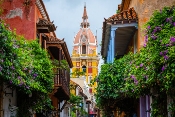 colorful street of cartagena de indias old town, colombia