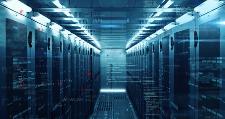 Streaming code projections along data center corridor, highlighting server racks and LED lights