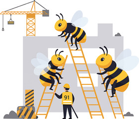 Cartoon Bees Constructing Building Climbing Ladders Working Together Construction Concept.