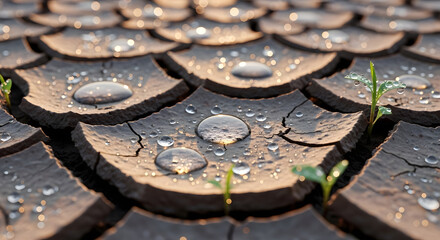 Close-Up of Parched Earth with Water Beads in Ultra-Realistic Detail