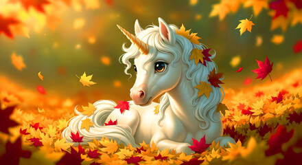 Enchanting unicorn resting amidst autumn leaves