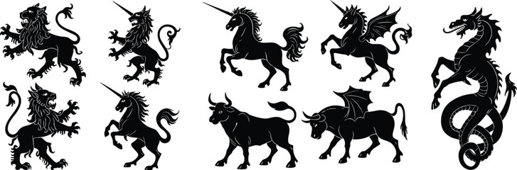 Heraldic lions unicorns bulls dragons, mythical creatures silhouettes, medieval fantasy animals, legendary beasts, powerful vector illustration, ancient mythology, black heraldry monsters