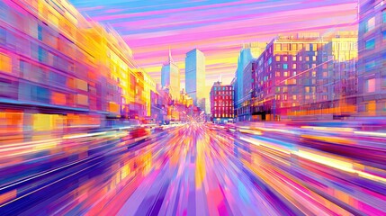 Vivid city street scene with motion blur and vibrant colors.