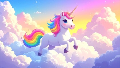 Cute unicorn soaring through fluffy clouds