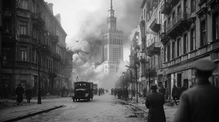 Warsaw street view shows smoke and destruction during a historical event capturing the impact of conflict in the city