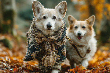 Pieski rasy corgi ubrane w śmieszne szaty – humorystyczna scena