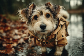 Mały piesek w ubranku podczas jesiennego, deszczowego spaceru