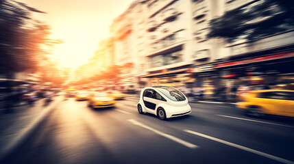 A futuristic compact car drives through a bustling city street at sunset, surrounded by motion-blurred vehicles and urban architecture.
