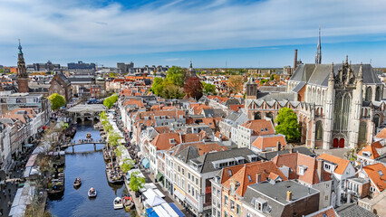 Leiden town aerial drone view from above, typical Dutch city skyline with canals and houses, Leiden architecture, South Holland, the Netherlands