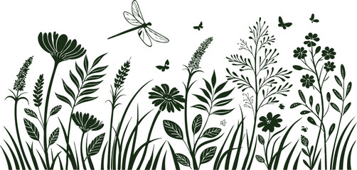 Floral meadow silhouette with wildflowers, dragonflies, and butterflies. Nature-inspired botanical vector art perfect for prints, textiles, and wall decor. Elegant black and white design.
