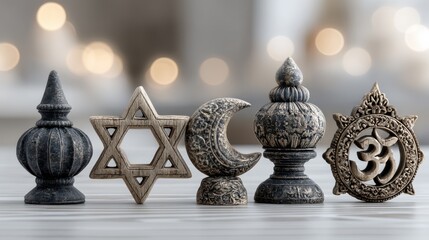Decorative metallic symbols representing diverse religions and cultures displayed on a wooden surface with blurred lights in the background.