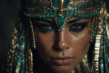 A stunning portrait of an Egyptian queen, adorned in intricate jewelry and regal attire, emanating an aura of power and mystique. Her eyes are captivating.