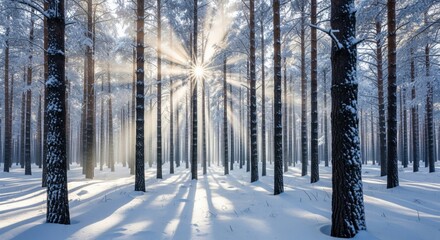 Sunlight Streaming Through Snow Covered Trees in a Forest with Long Shadows in Winter