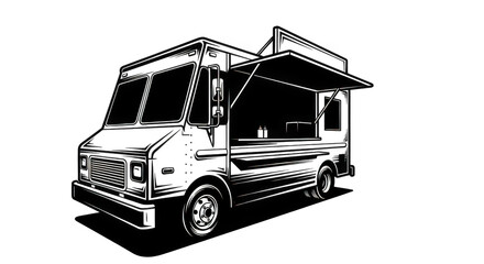 Detailed Monochrome Food Truck Illustration on Transparent Backdrop, Perfect for Culinary Business Branding and Street Food Promotion, Showcasing Mobile Kitchen Design
