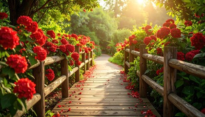 A sun-drenched walkway lined with a rustic wooden fence, adorned with vibrant red flowers, creates a serene and beautiful garden scene.
