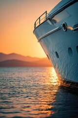 Luxurious yacht bow at sunset. Golden light reflects on the water. Mountains in the distance. Calm sea