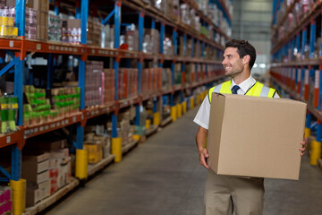Stacks of cardboard boxes stretching on tall metal racks along warehouse aisle under bright lights