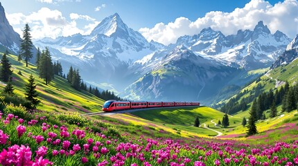 Scenic train ride through the swiss alps mountains with blooming flowers travel tourism destination landscape