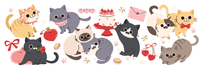 Cute cat doodle in happy valentine's festival vector set. Cartoon cat or kitten characters design collection in different poses and element. Set of love event pet animals isolated on white background.