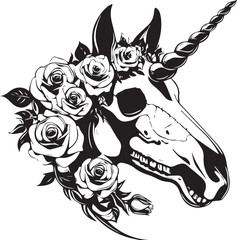 Mystical Unicorn Skull with Floral Embellishments: A captivating black and white illustration of a unicorn skull adorned with roses.