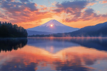 Scenic sunrise over mount fuji reflecting on lake ashi