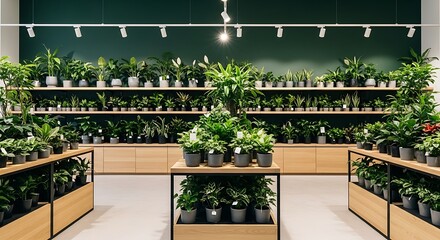 A modern plant shop interior showcasing a wide variety of potted plants arranged on sleek wooden shelves and display tables against a dark green wall. Clean lines and minimalist design.