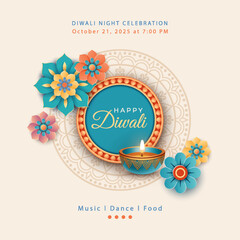 Hindu Diwali festival celebration banner. Composition with mandala in center, deya oil lamp and paper flowers