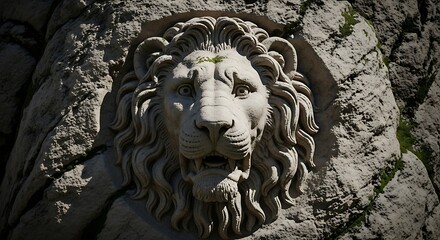 Ancient Stone Lion Sculpture on a Rock Face.