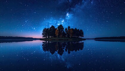 Serene island silhouette under a breathtaking starry night sky reflection.