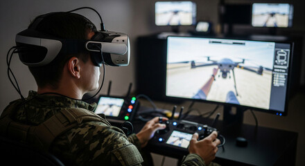 Soldier drone operator wearing virtual reality goggles controls drone during training, from behind
