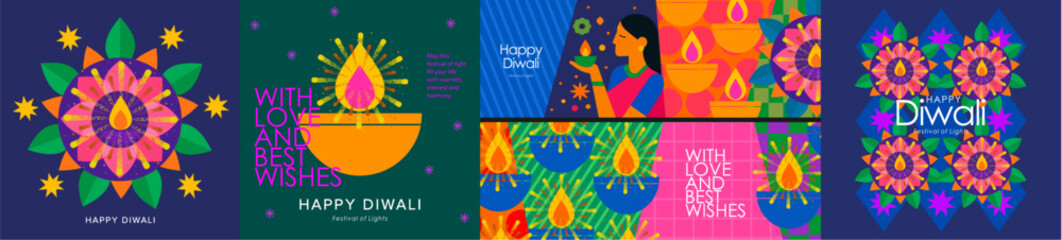 Happy Diwali. Indian Festival of Lights. Vector modern illustration of a diya, mandala, candles, pattern, ornament, and an Indian woman with fire for greeting cards, posters, or invitation, banner