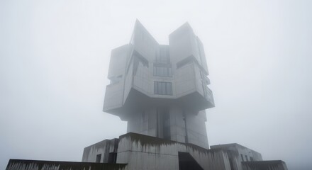 Brutalist architectural monument shrouded in dense atmospheric fog ethereal vision