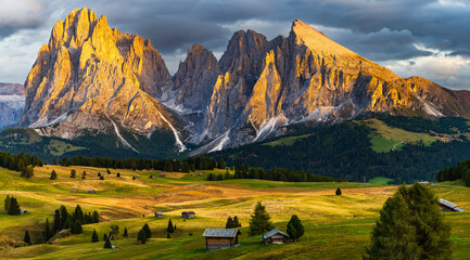 The UNESCO site Seiser Alm or Alpe di Siusi the Dolomite plateau and the largest high-elevation Alpine meadow in Europe located in Italy's South Tyrol province in the Dolomites in autumn sunset.