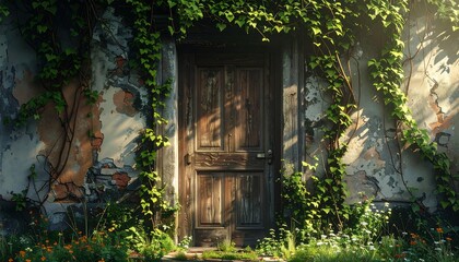 Old wooden door in overgrown garden